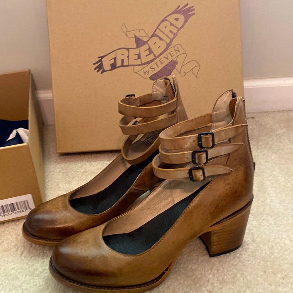 Freebird by Steven Brown Randi Triple-Strap Leather Heels